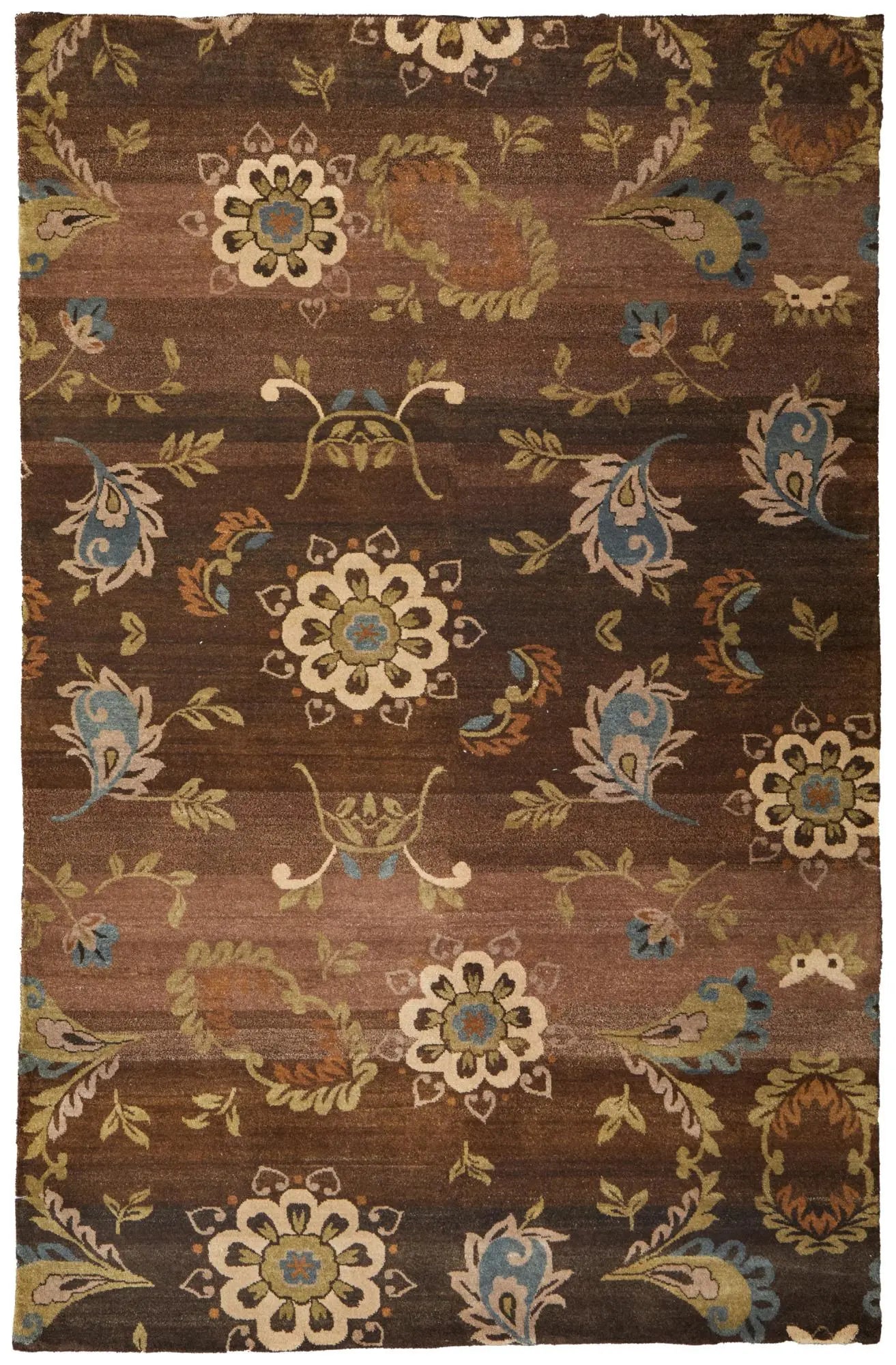 2' X 3' Brown Tan And Green Wool Floral Hand Knotted Area Rug Homeroots Home Decor