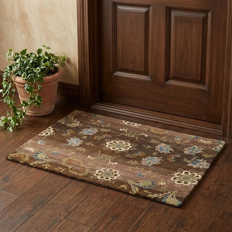 2' X 3' Brown Tan And Green Wool Floral Hand Knotted Area Rug Homeroots Home Decor