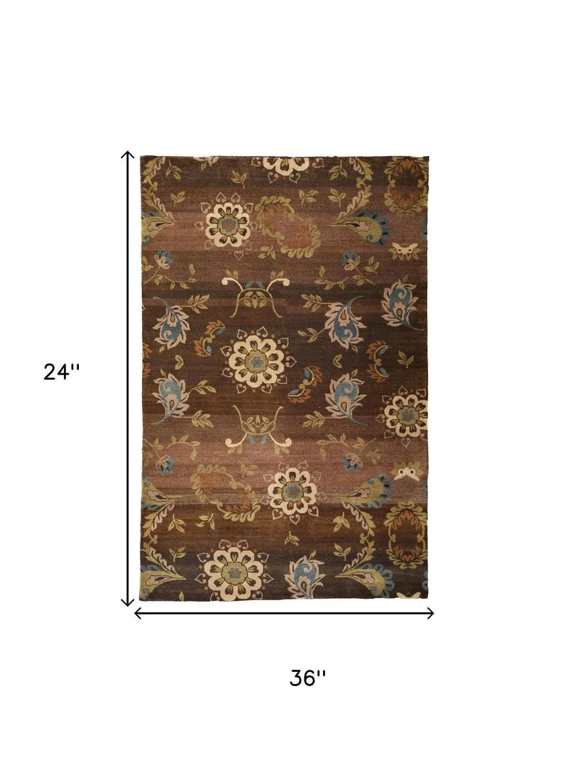 2' X 3' Brown Tan And Green Wool Floral Hand Knotted Area Rug Homeroots Home Decor