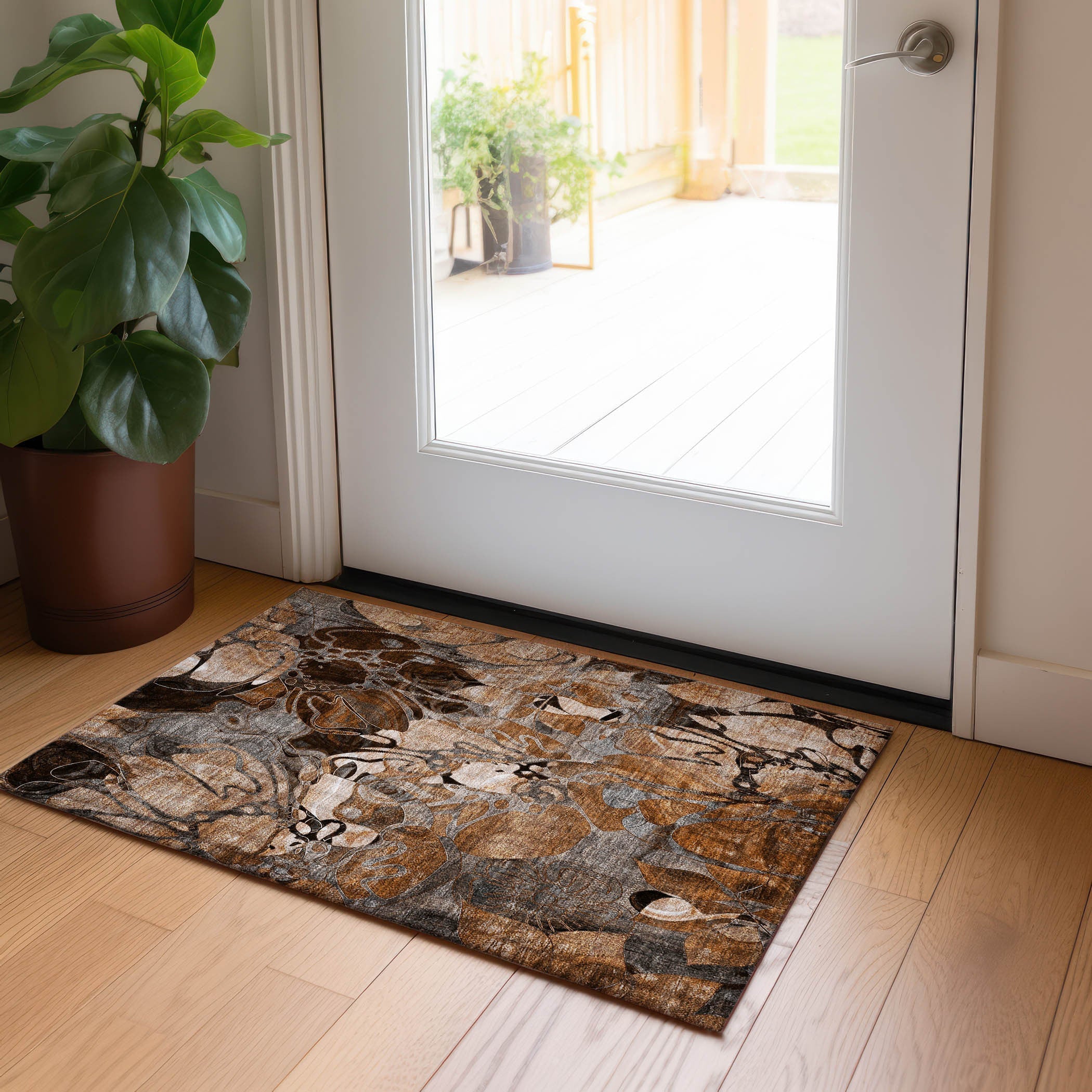 2' X 3' Chocolate Terracotta and Ivory Abstract Washable Indoor Outdoor Area Rug - GreatEagleInc
