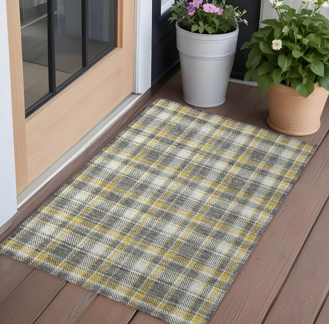 2' X 3' Gray Yellow and White Plaid Washable Non Skid Indoor Outdoor Area Rug - GreatEagleInc