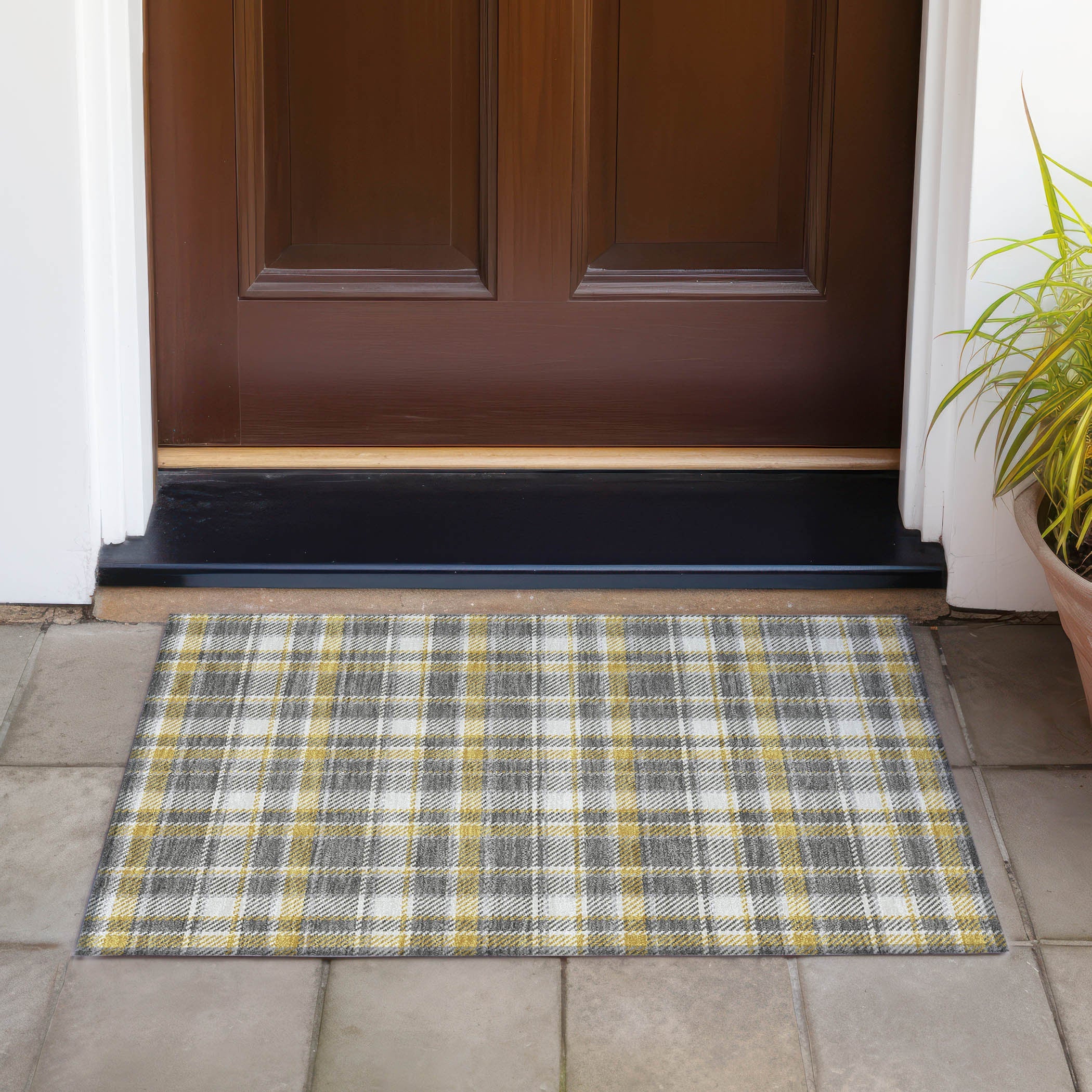 2' X 3' Gray Yellow and White Plaid Washable Non Skid Indoor Outdoor Area Rug - GreatEagleInc