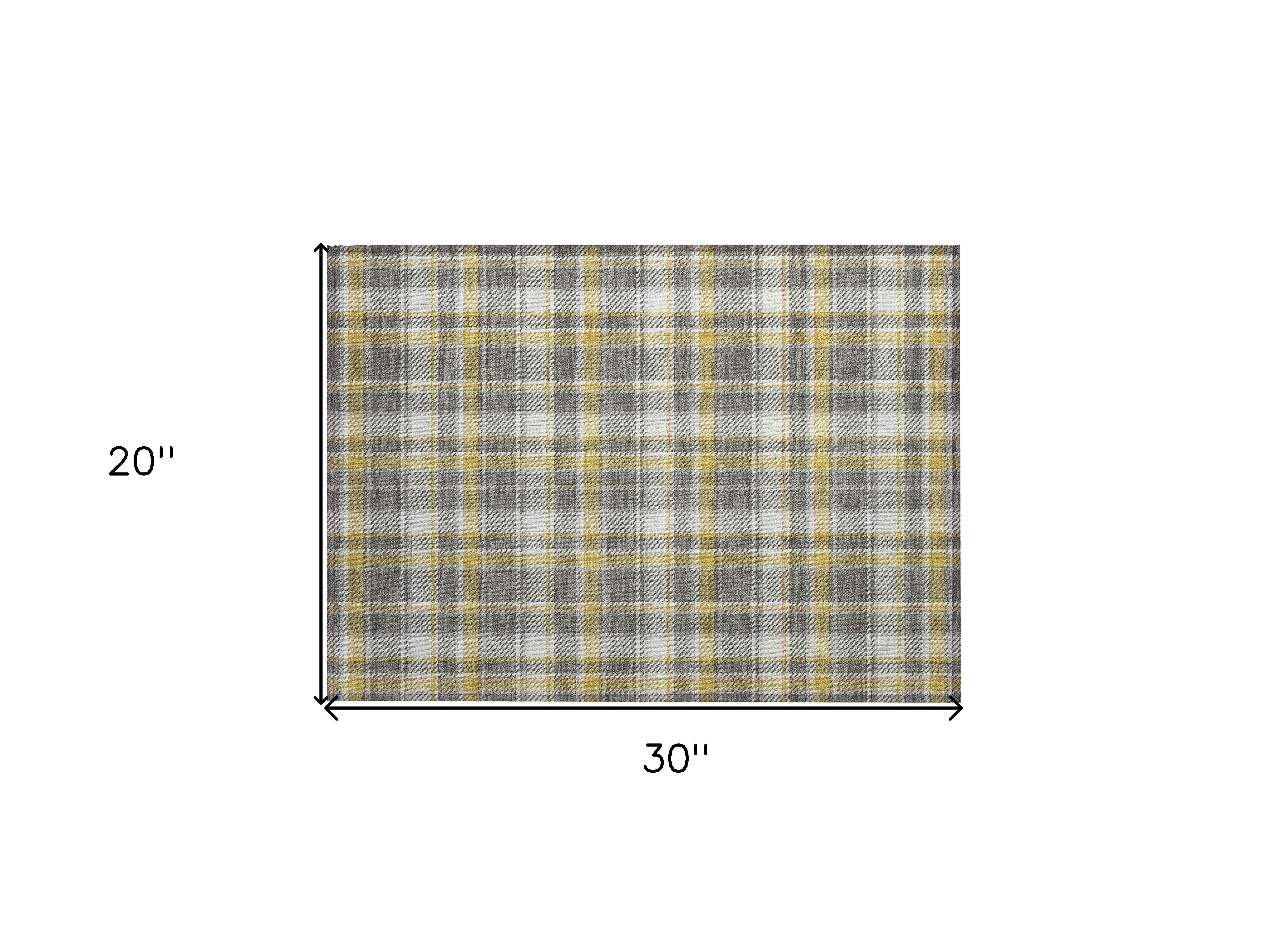 2' X 3' Gray Yellow and White Plaid Washable Non Skid Indoor Outdoor Area Rug - GreatEagleInc