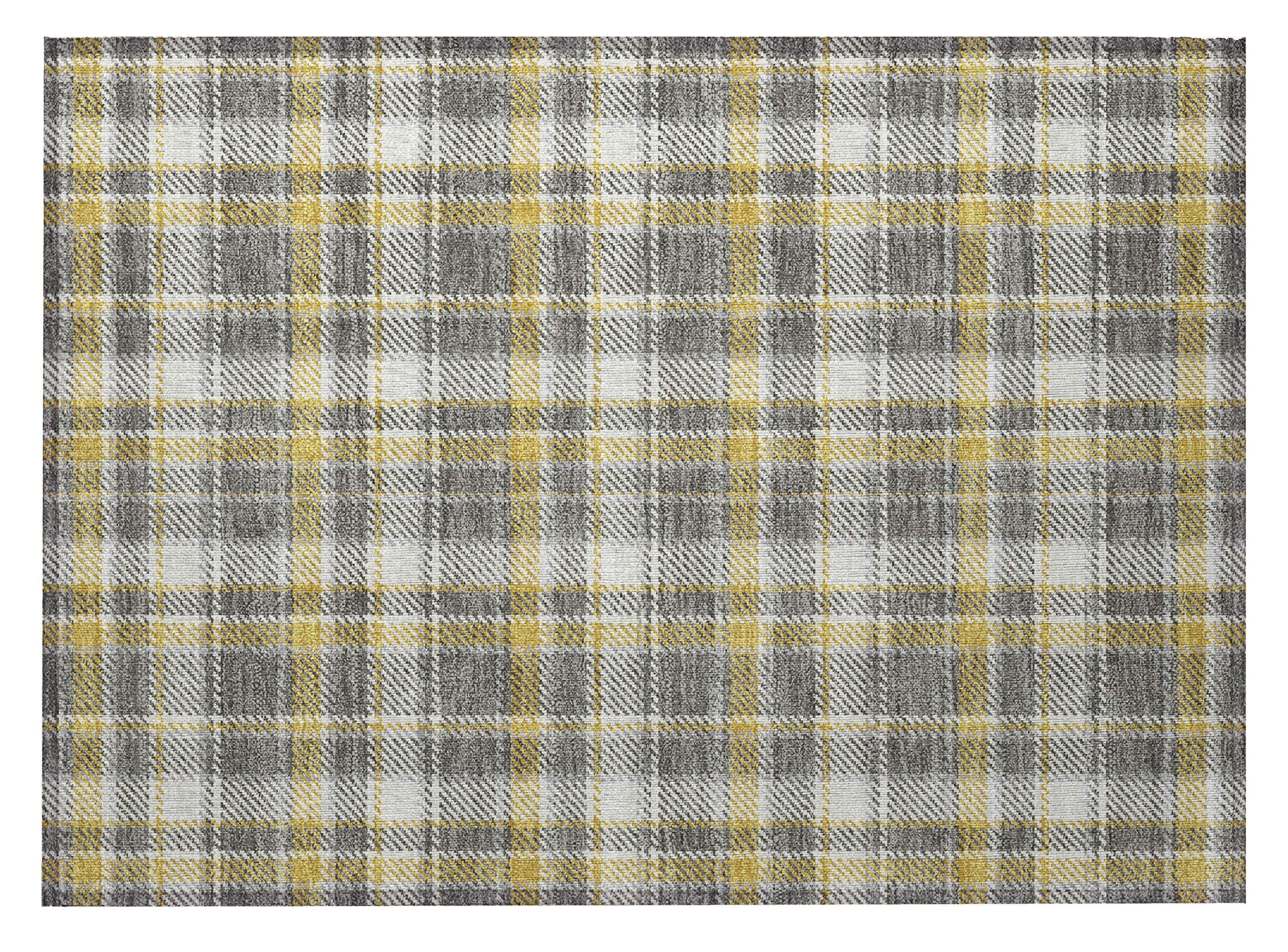 2' X 3' Gray Yellow and White Plaid Washable Non Skid Indoor Outdoor Area Rug - GreatEagleInc
