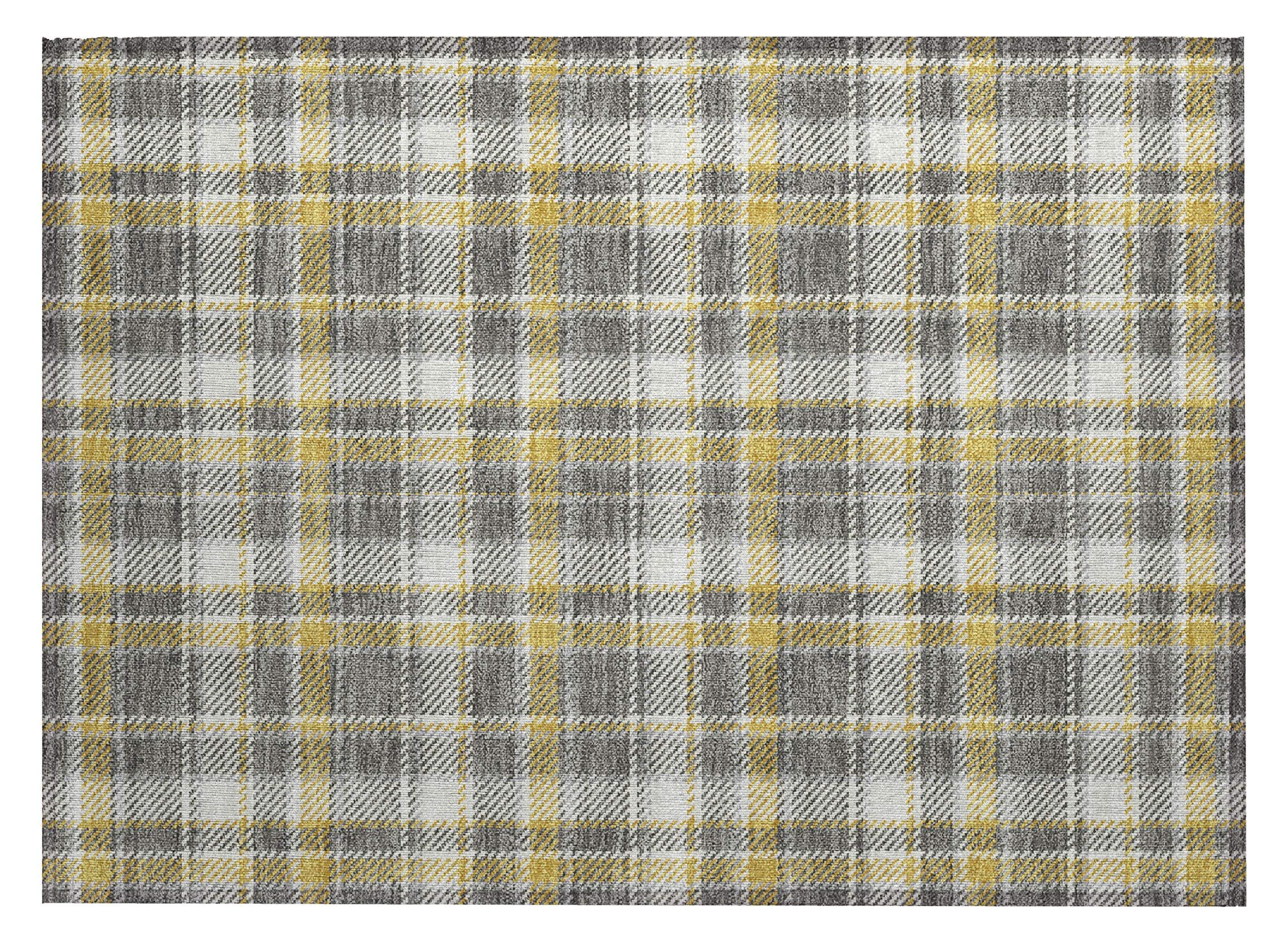 2' X 3' Gray Yellow and White Plaid Washable Non Skid Indoor Outdoor Area Rug - GreatEagleInc