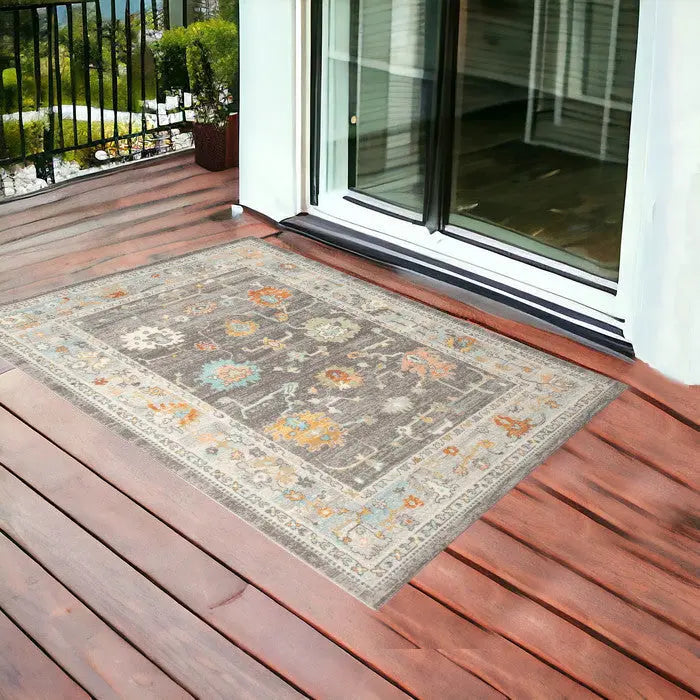 2' X 3' Gray and Orange Floral Stain Resistant Indoor Outdoor Area Rug Homeroots Outdoor