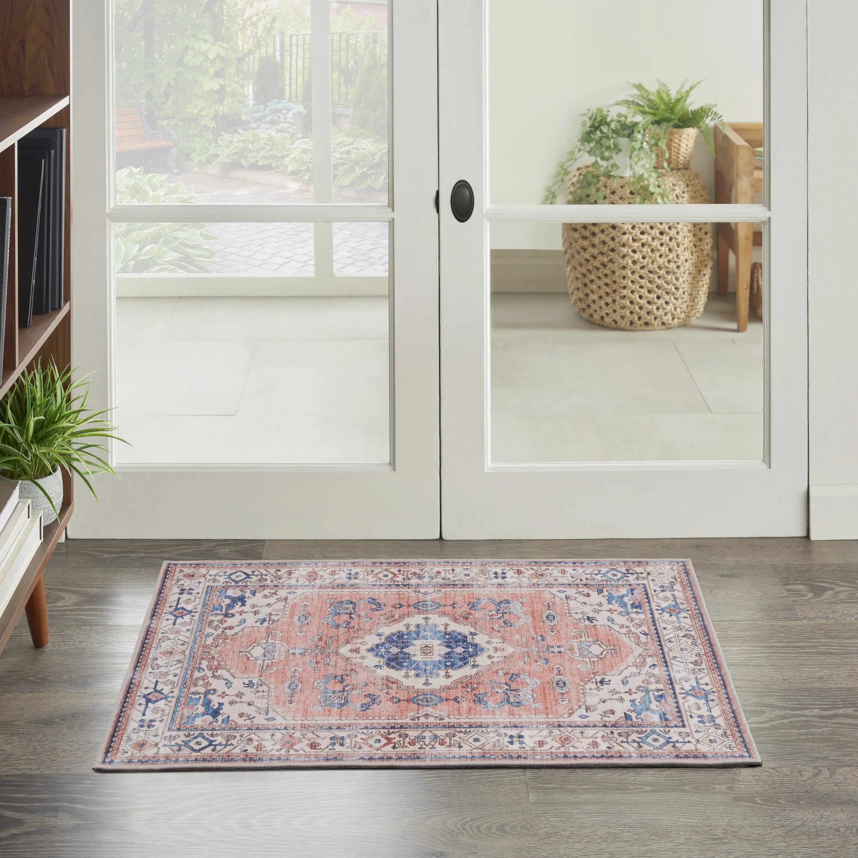 2' X 3' Ivory Blue and Coral Oriental Distressed Non Skid Area Rug GreatEagleInc