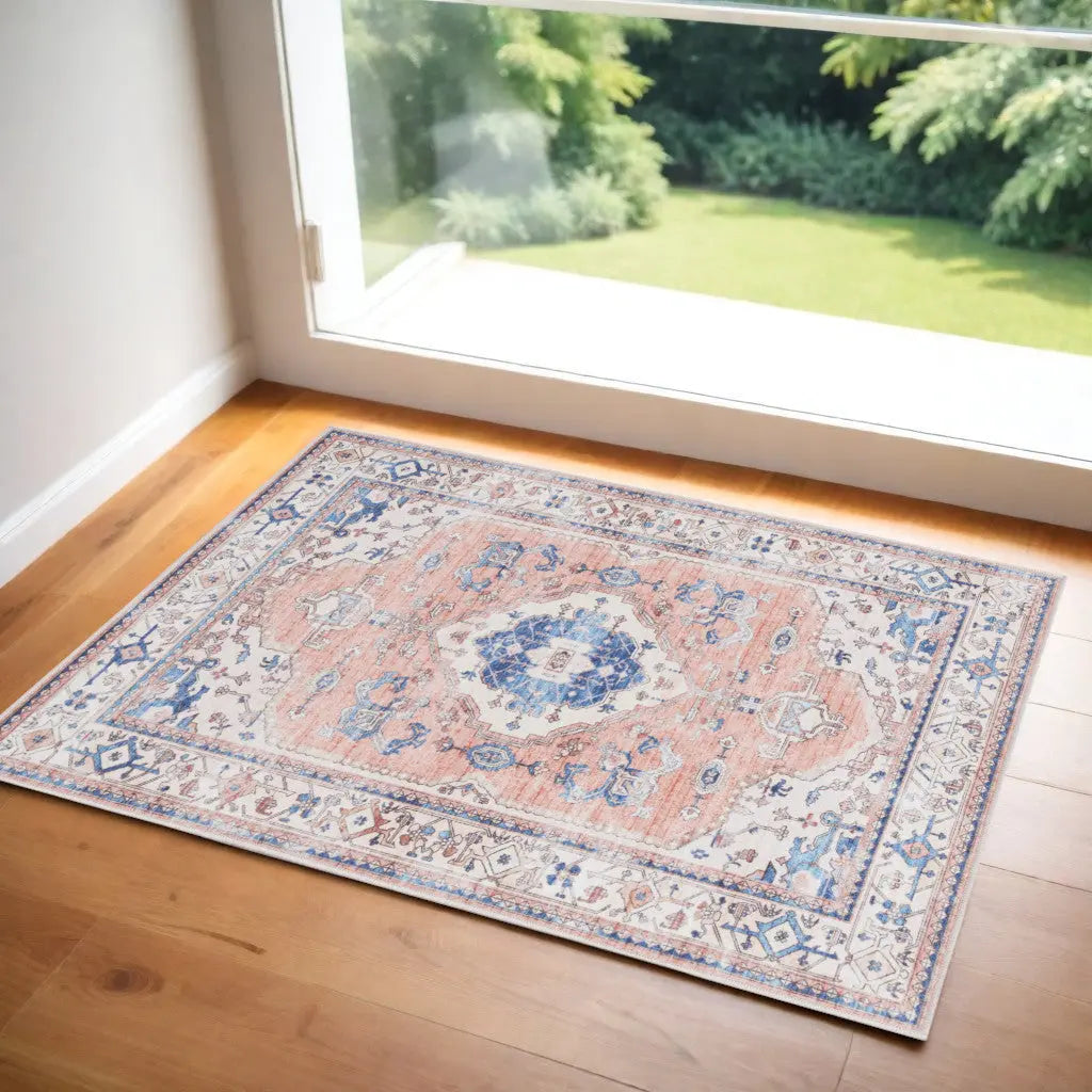 2' X 3' Ivory Blue and Coral Oriental Distressed Non Skid Area Rug GreatEagleInc