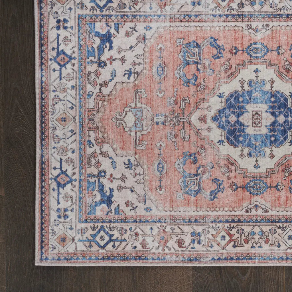 2' X 3' Ivory Blue and Coral Oriental Distressed Non Skid Area Rug GreatEagleInc