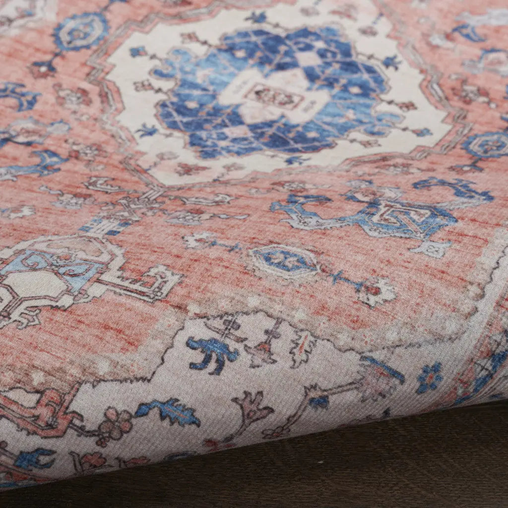 2' X 3' Ivory Blue and Coral Oriental Distressed Non Skid Area Rug GreatEagleInc