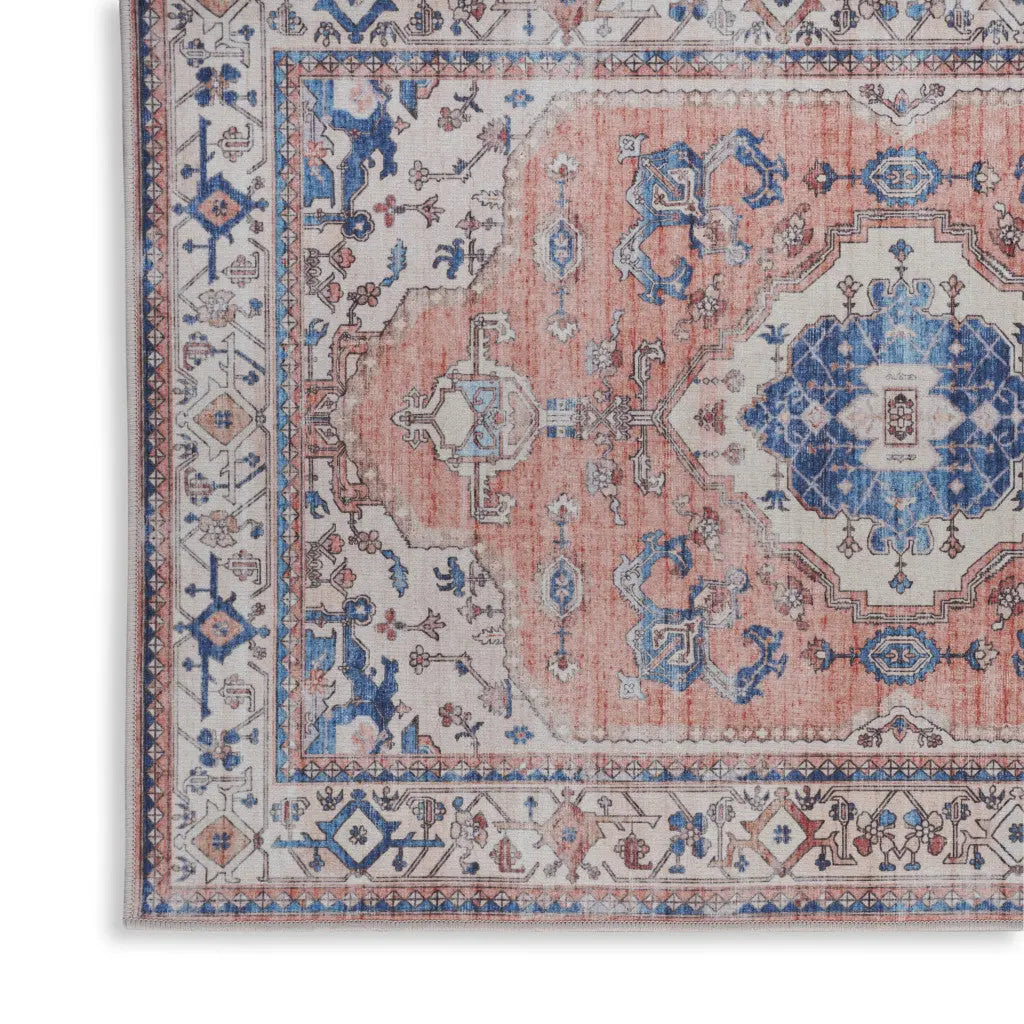 2' X 3' Ivory Blue and Coral Oriental Distressed Non Skid Area Rug GreatEagleInc