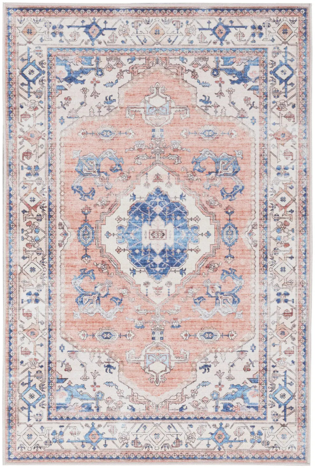 2' X 3' Ivory Blue and Coral Oriental Distressed Non Skid Area Rug GreatEagleInc