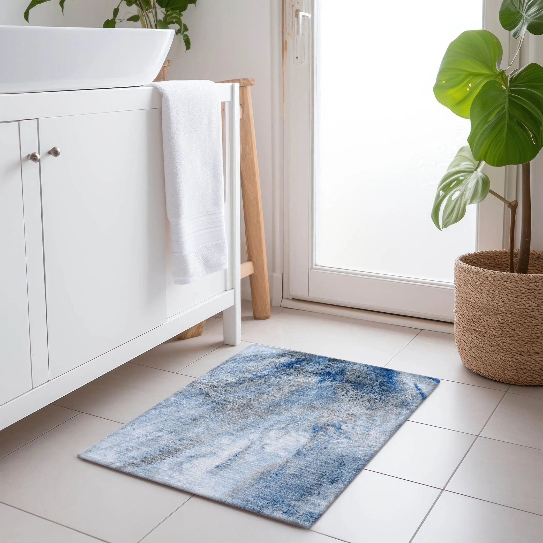 2' X 3' Ivory Blue and Gray Abstract Washable Non Skid Indoor Outdoor Area Rug Homeroots Outdoor