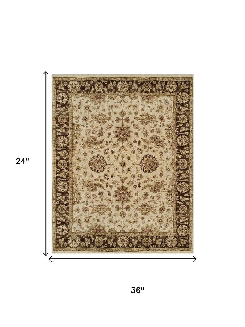 2' X 3' Ivory Gold And Brown Wool Oriental Hand Knotted Area Rug Homeroots Home Decor