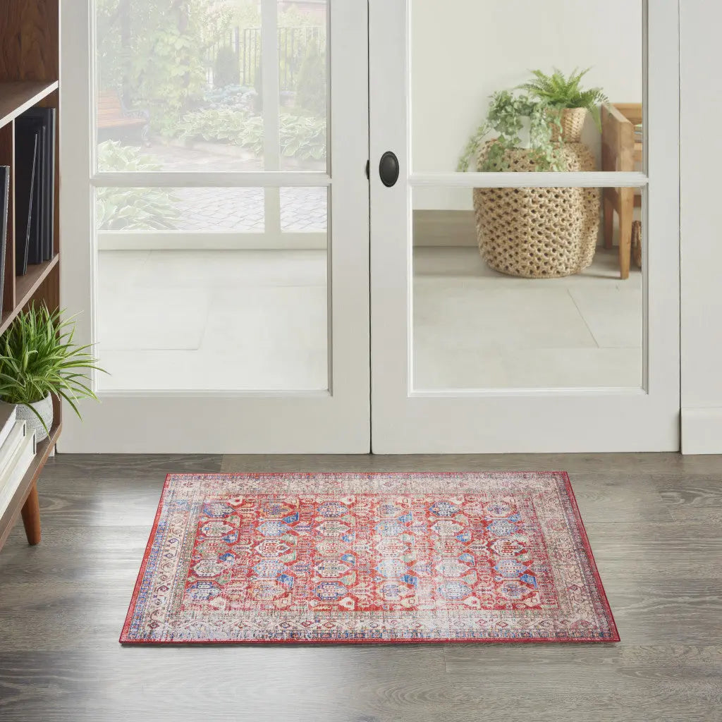 2' X 3' Ivory Red And Blue Oriental Distressed Non Skid Area Rug GreatEagleInc