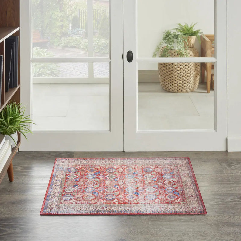 2' X 3' Ivory Red And Blue Oriental Distressed Non Skid Area Rug GreatEagleInc