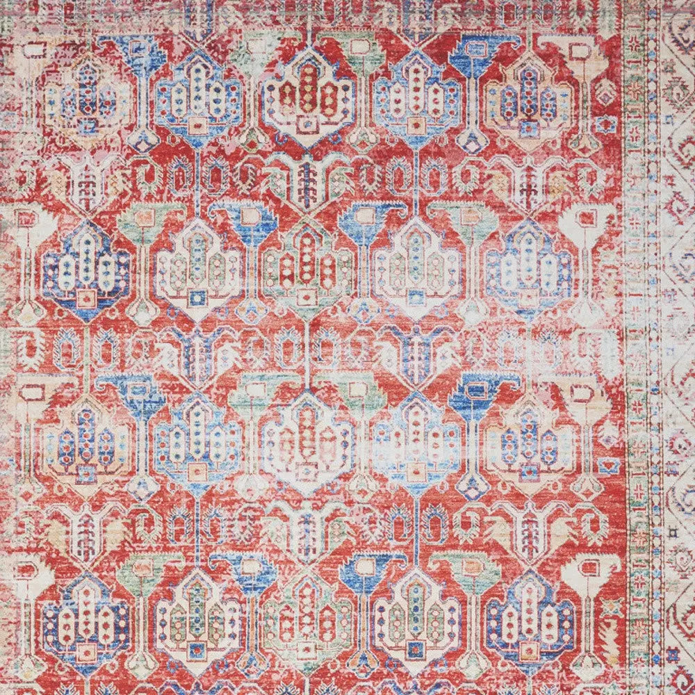 2' X 3' Ivory Red And Blue Oriental Distressed Non Skid Area Rug GreatEagleInc