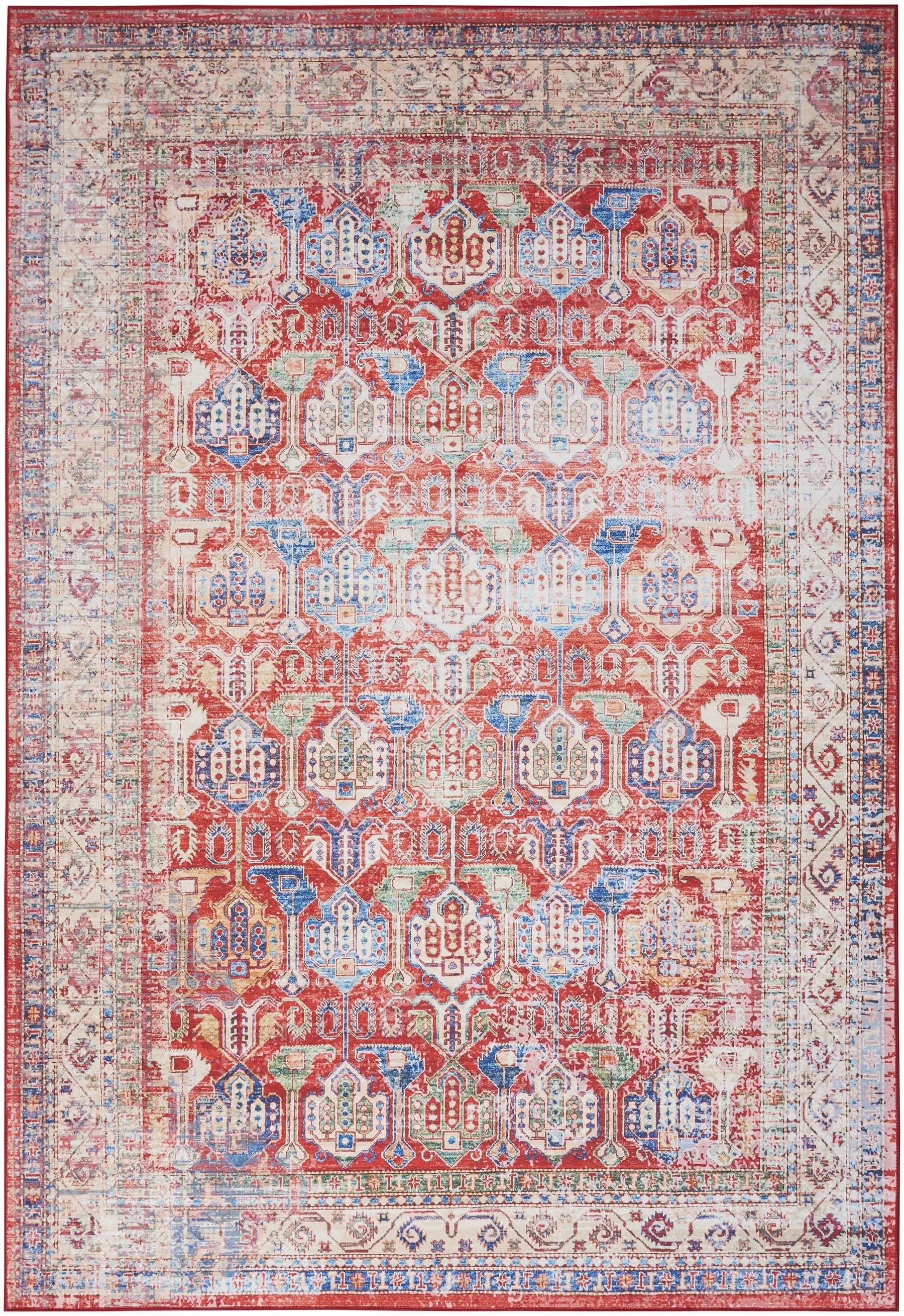 2' X 3' Ivory Red And Blue Oriental Distressed Non Skid Area Rug GreatEagleInc