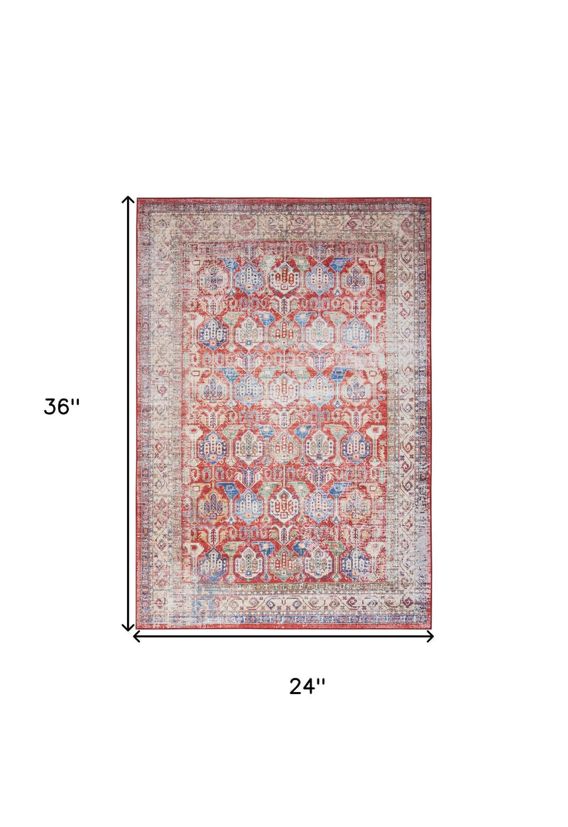 2' X 3' Ivory Red And Blue Oriental Distressed Non Skid Area Rug GreatEagleInc