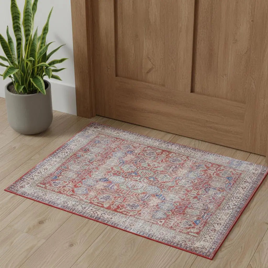 2' X 3' Ivory Red And Blue Oriental Distressed Non Skid Area Rug GreatEagleInc