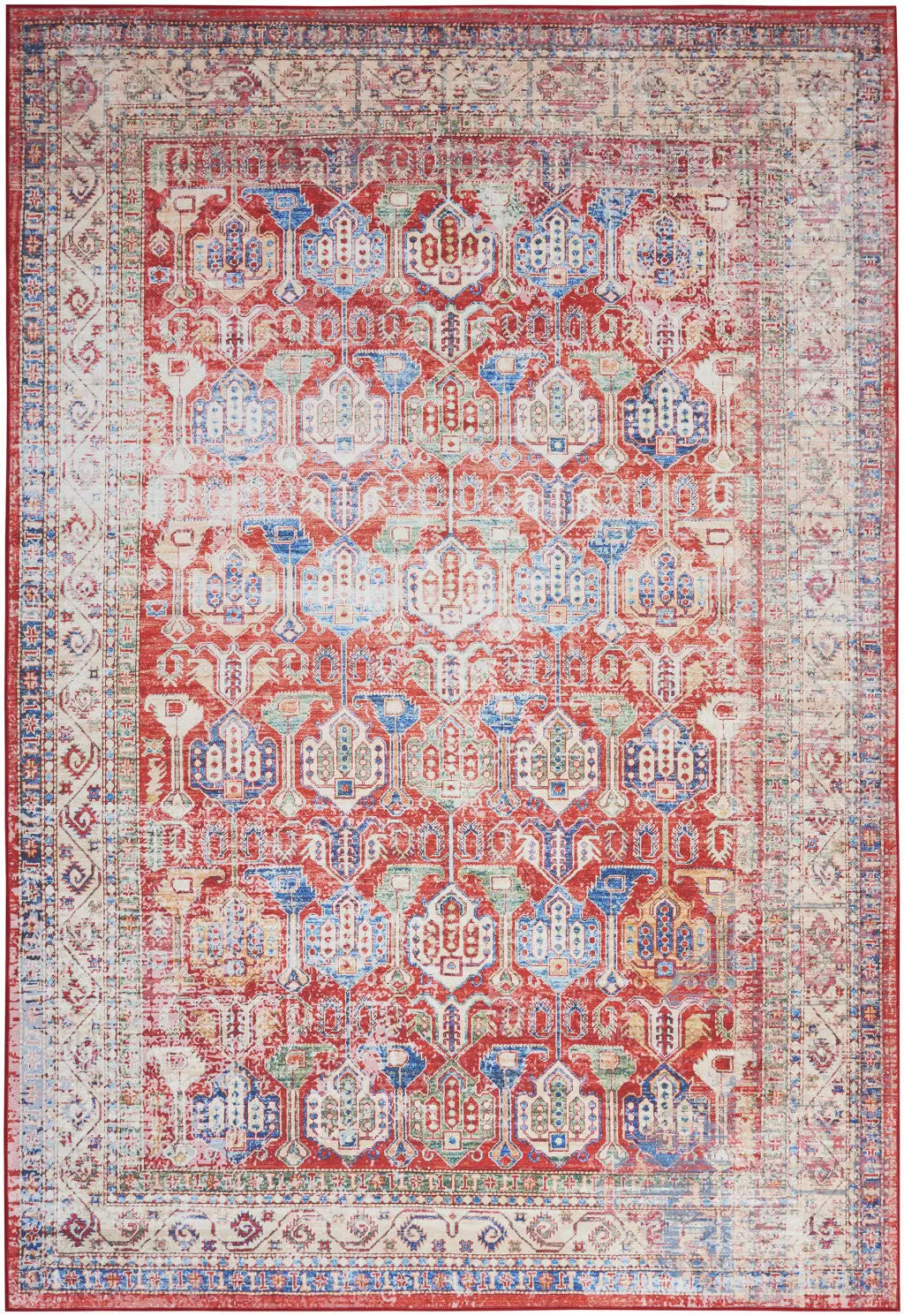 2' X 3' Ivory Red And Blue Oriental Distressed Non Skid Area Rug GreatEagleInc