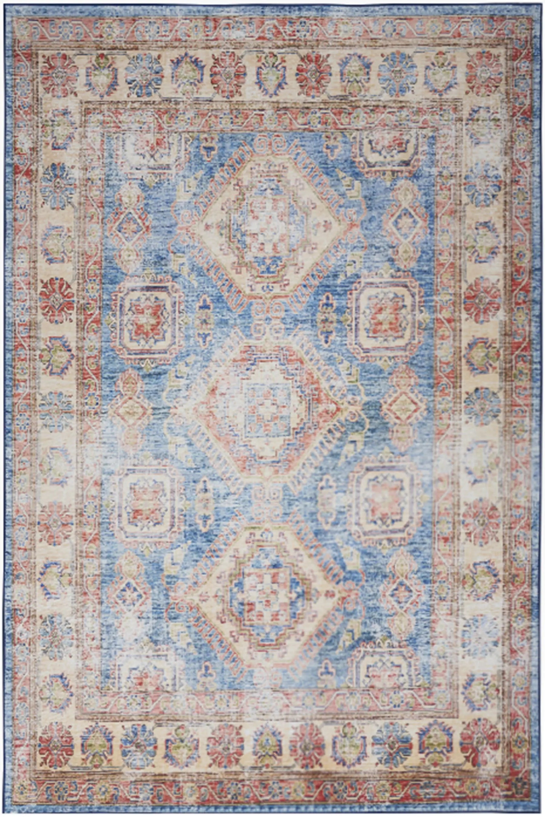 2' X 3' Ivory Red and Blue Oriental Distressed Non Skid Area Rug GreatEagleInc