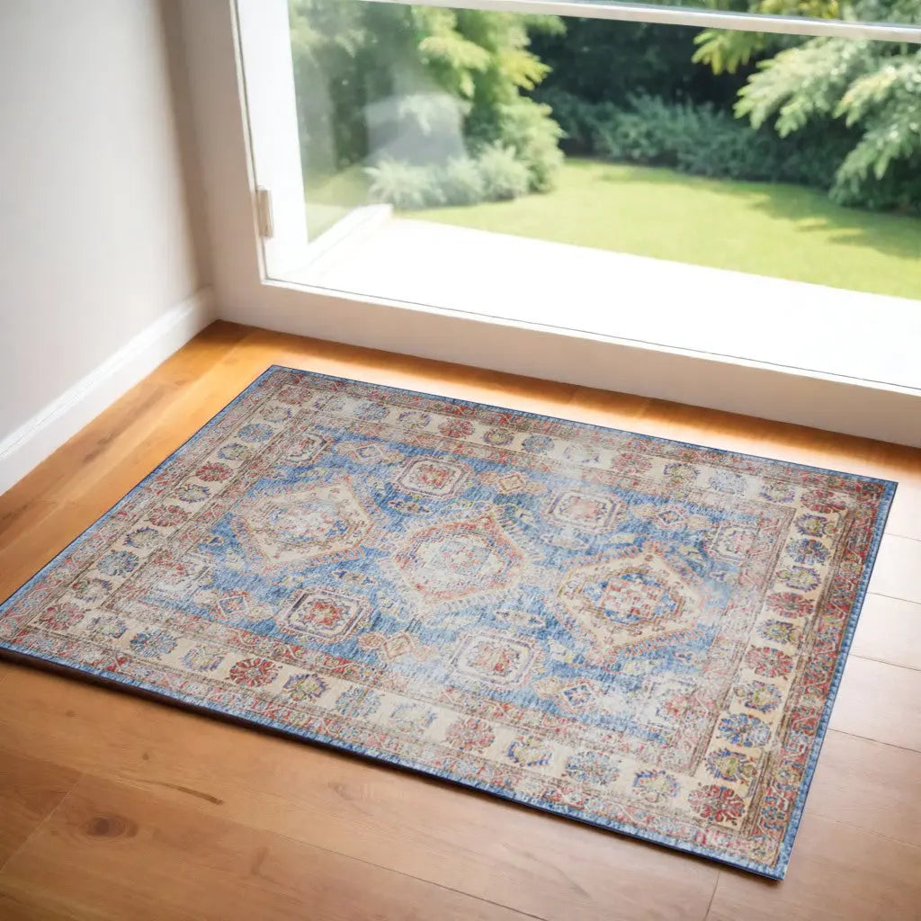 2' X 3' Ivory Red and Blue Oriental Distressed Non Skid Area Rug GreatEagleInc