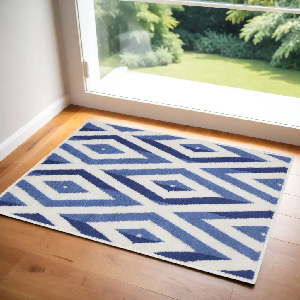 2' X 3' Ivory and Blue Geometric Area Rug Homeroots Home Decor