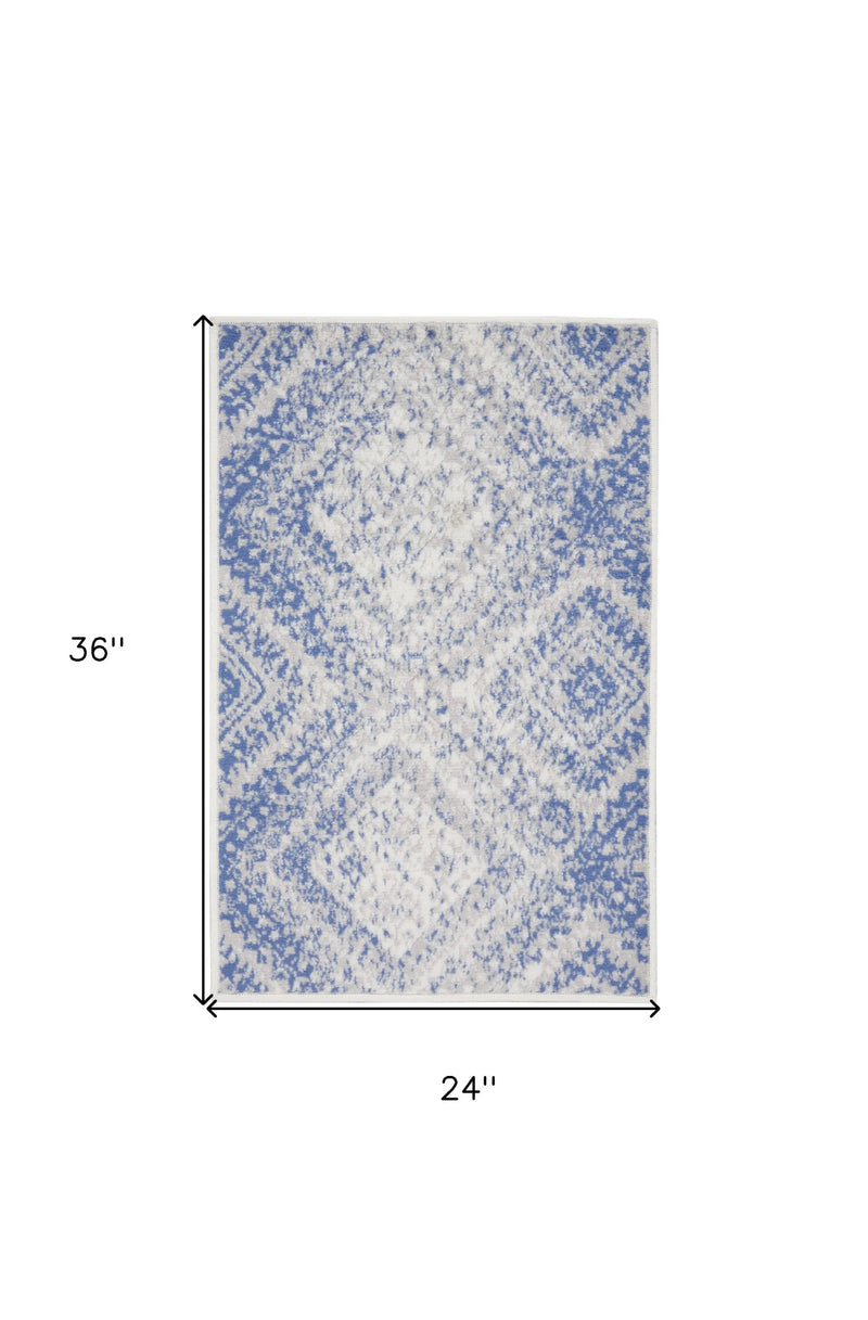 2' X 3' Ivory and Blue Geometric Distressed Area Rug GreatEagleInc