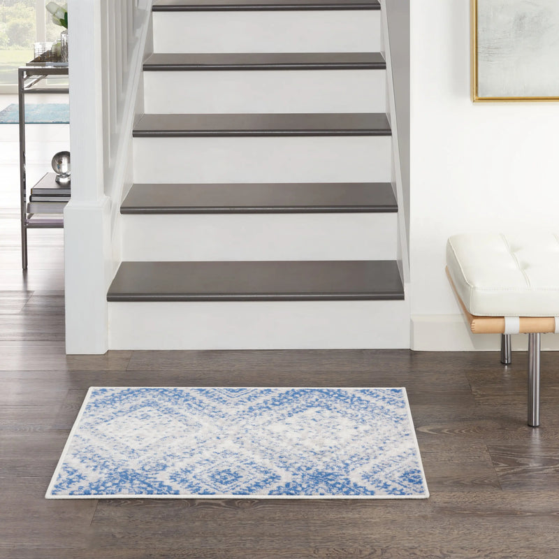 2' X 3' Ivory and Blue Geometric Distressed Area Rug GreatEagleInc