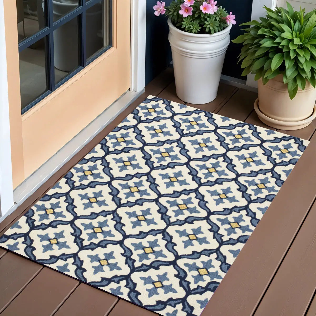 2' X 3' Ivory and Blue Moroccan Handmade Indoor Outdoor Area Rug Homeroots Outdoor