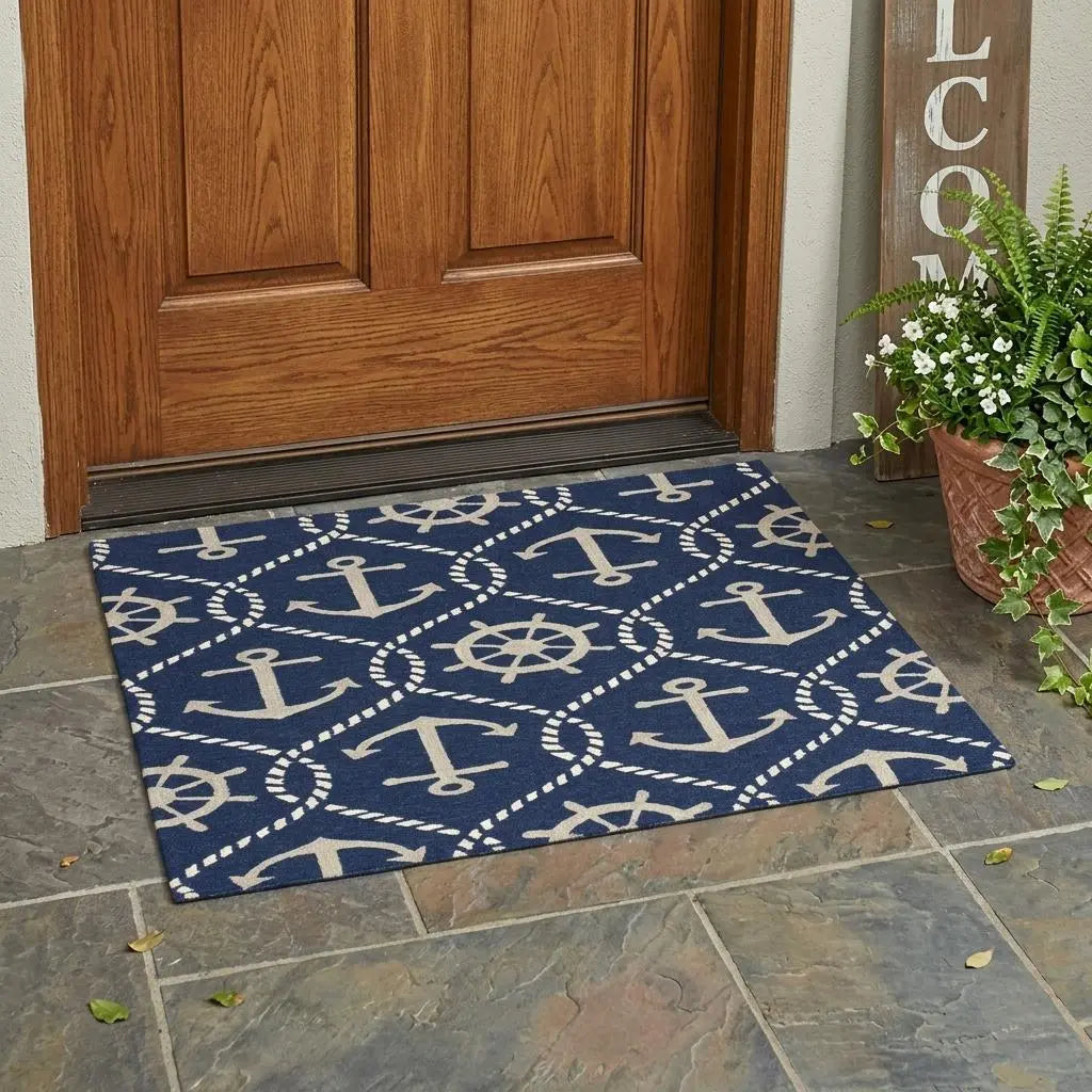 2' X 3' Navy Blue Gold And White Nautical Handmade Indoor Outdoor Area Rug Homeroots Outdoor