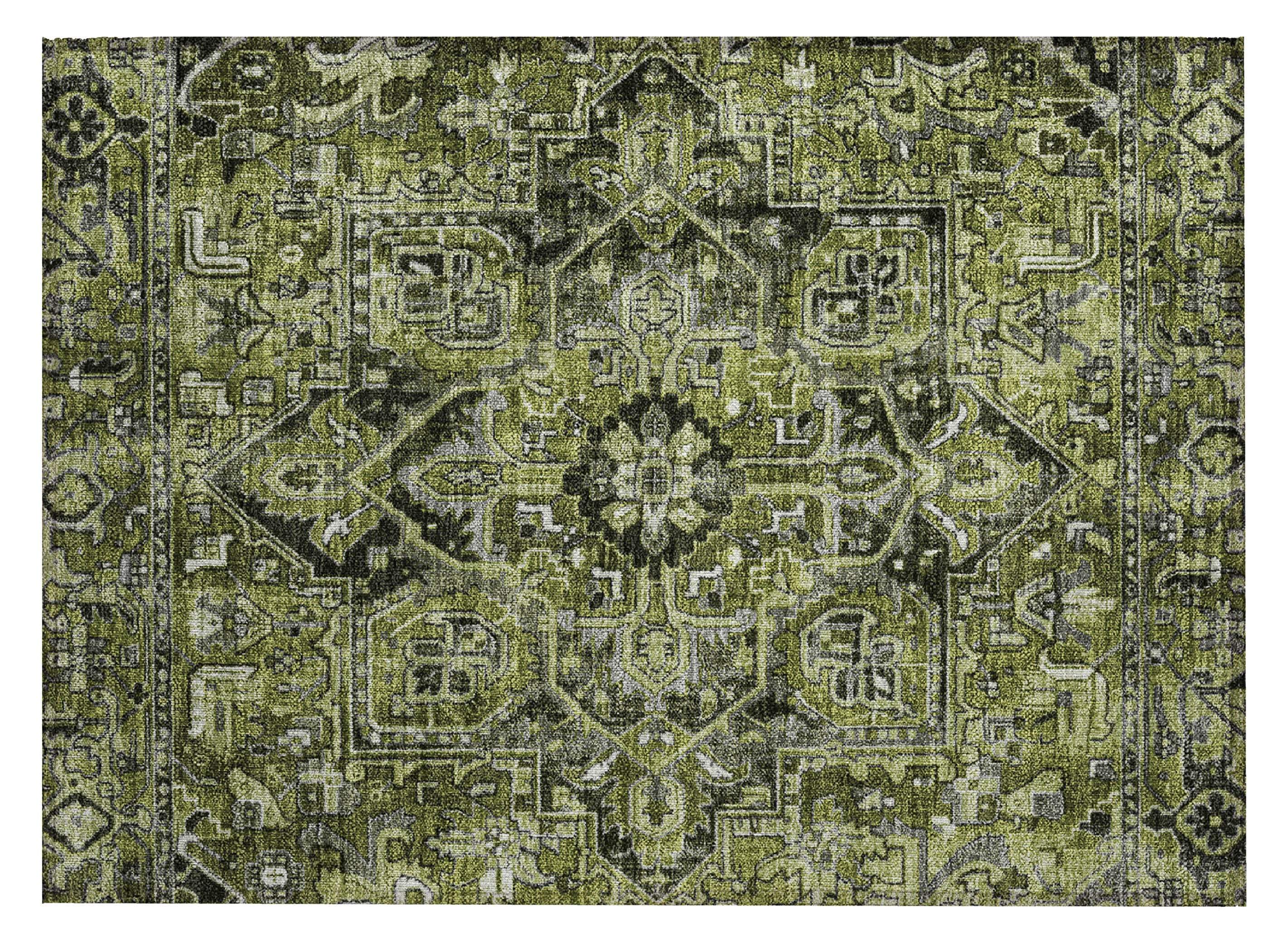 2' X 3' Olive Green and Dark Green Oriental Washable Non Skid Indoor Outdoor Area Rug - GreatEagleInc