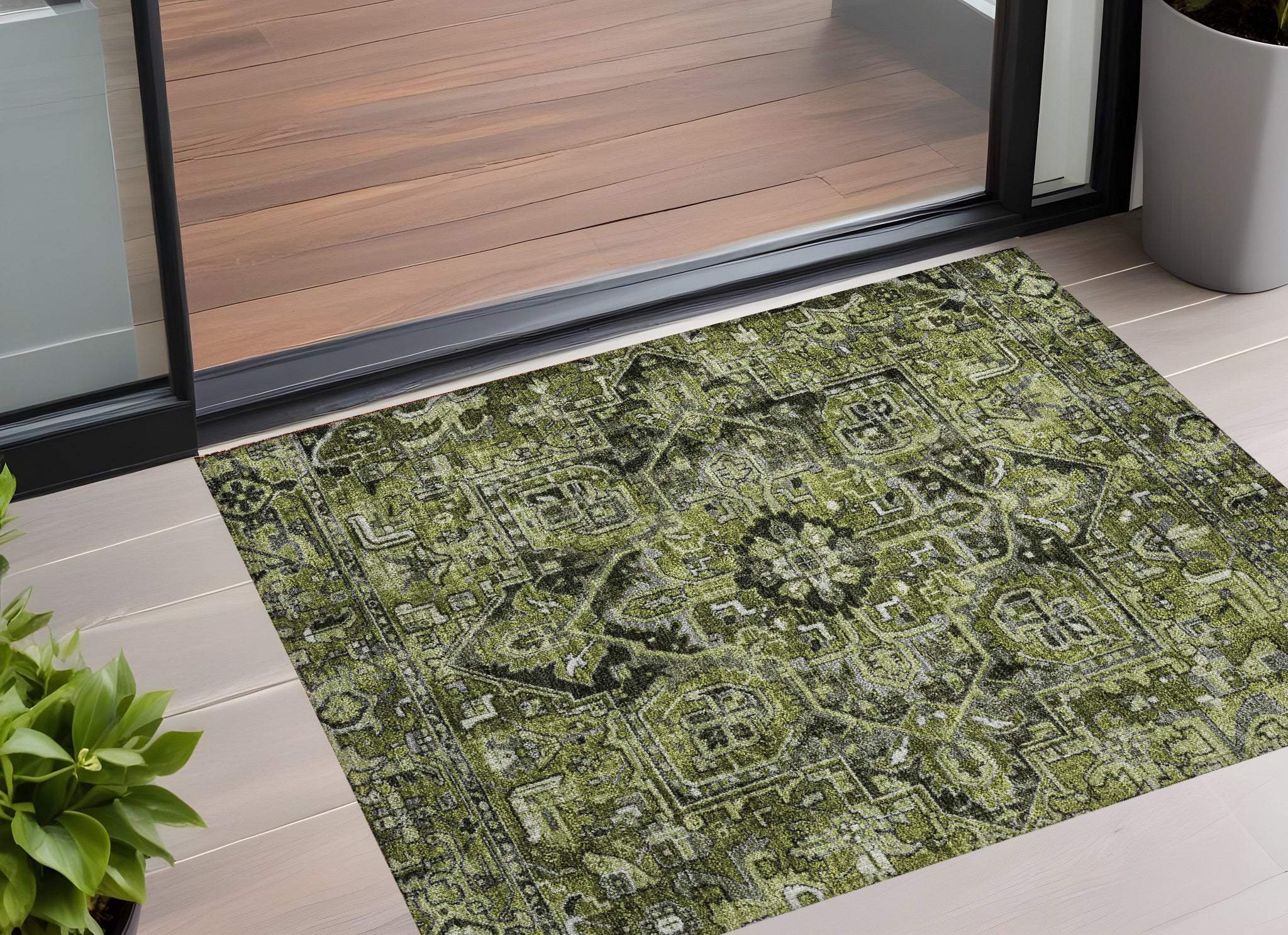 2' X 3' Olive Green and Dark Green Oriental Washable Non Skid Indoor Outdoor Area Rug - GreatEagleInc