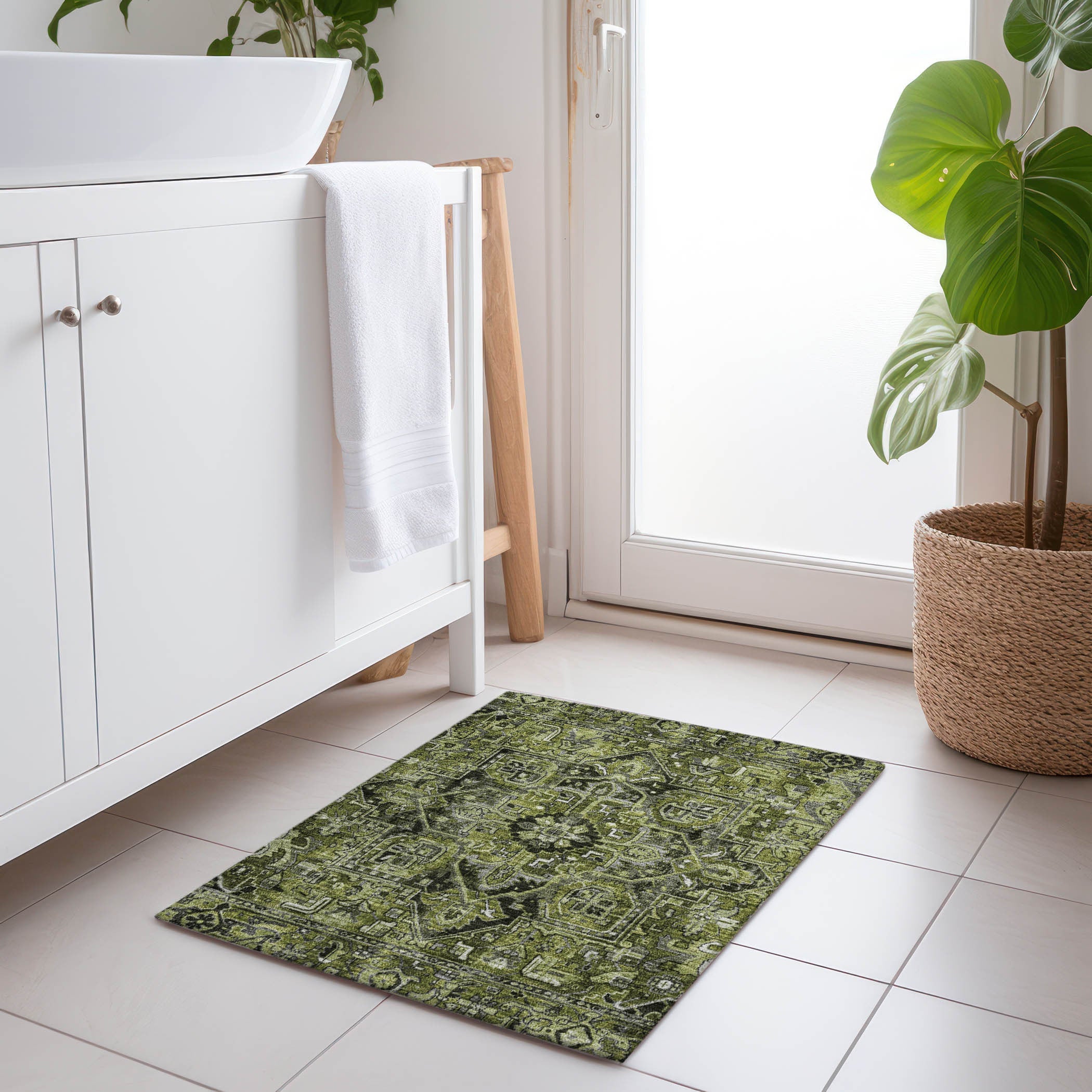 2' X 3' Olive Green and Dark Green Oriental Washable Non Skid Indoor Outdoor Area Rug - GreatEagleInc