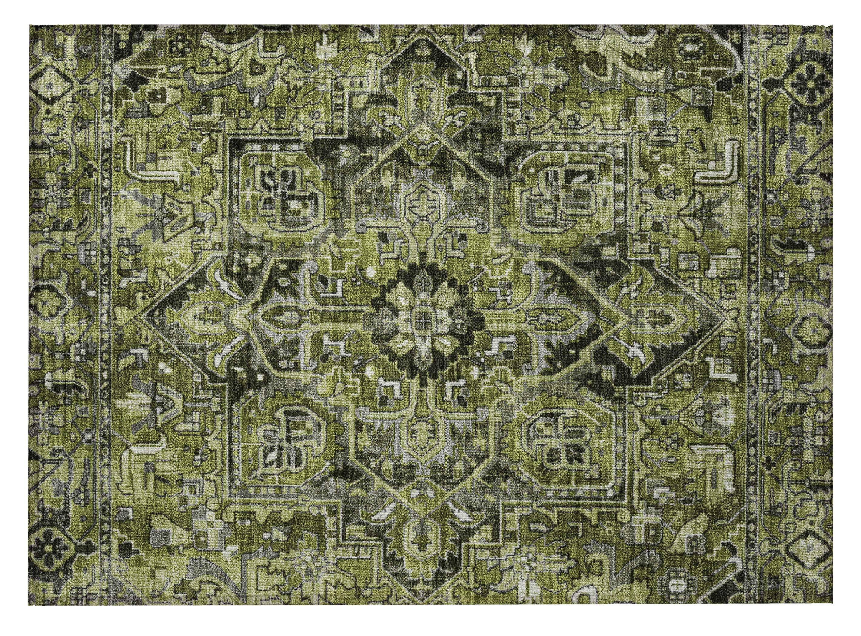 2' X 3' Olive Green and Dark Green Oriental Washable Non Skid Indoor Outdoor Area Rug - GreatEagleInc