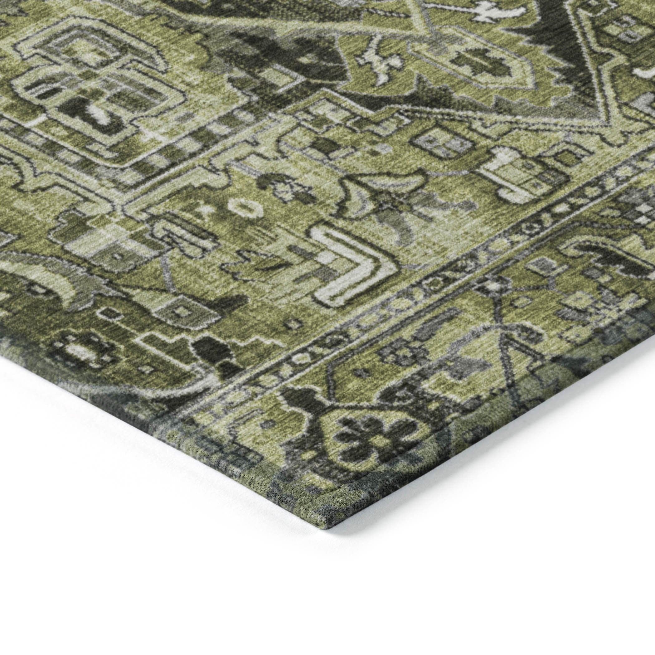 2' X 3' Olive Green and Dark Green Oriental Washable Non Skid Indoor Outdoor Area Rug - GreatEagleInc