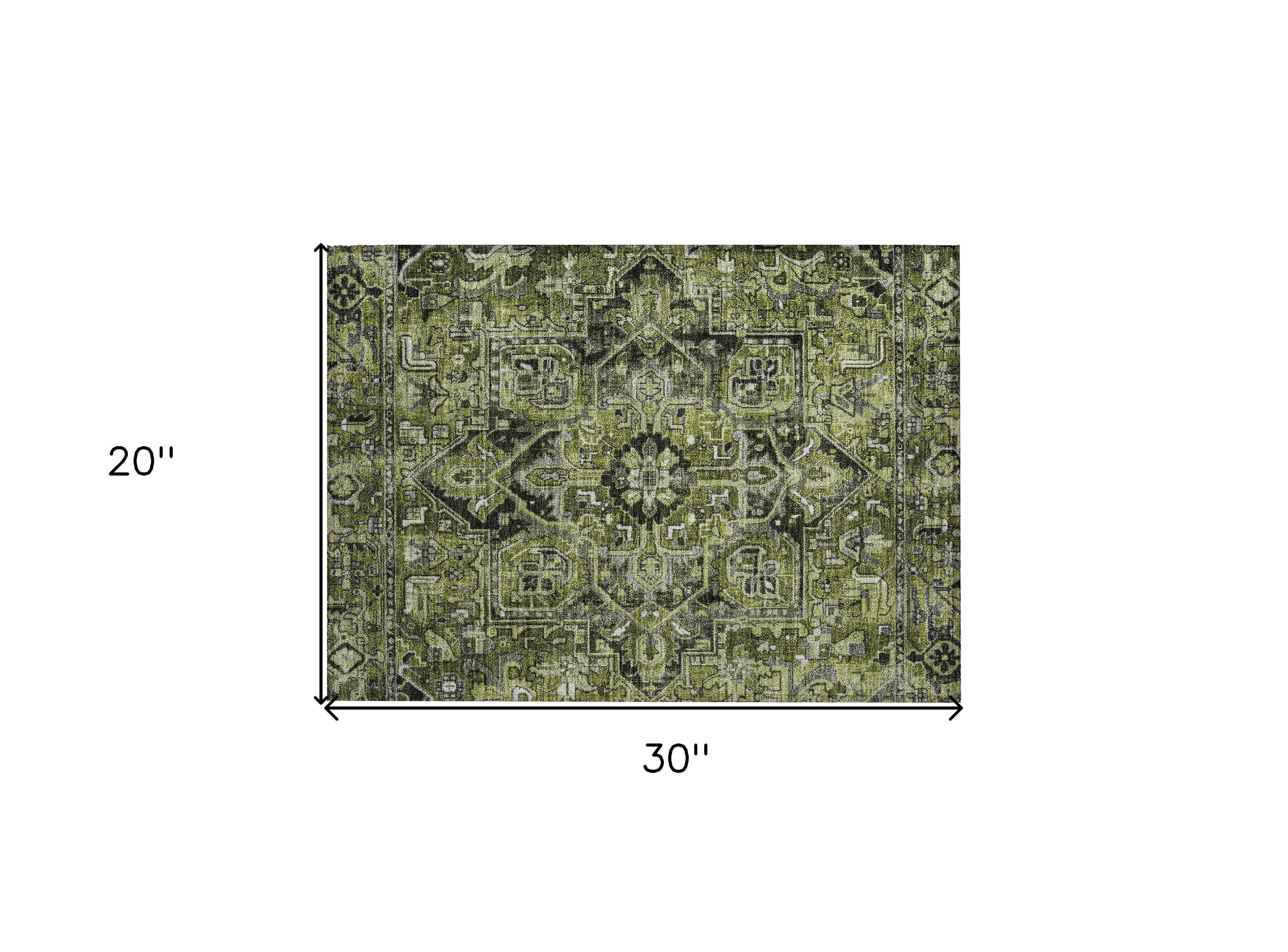 2' X 3' Olive Green and Dark Green Oriental Washable Non Skid Indoor Outdoor Area Rug - GreatEagleInc