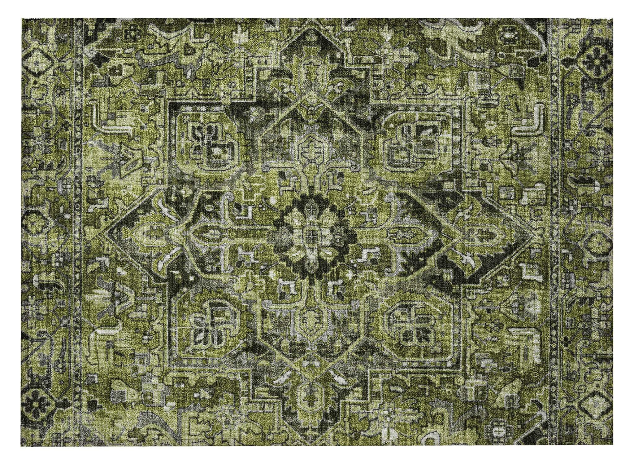 2' X 3' Olive Green and Dark Green Oriental Washable Non Skid Indoor Outdoor Area Rug - GreatEagleInc