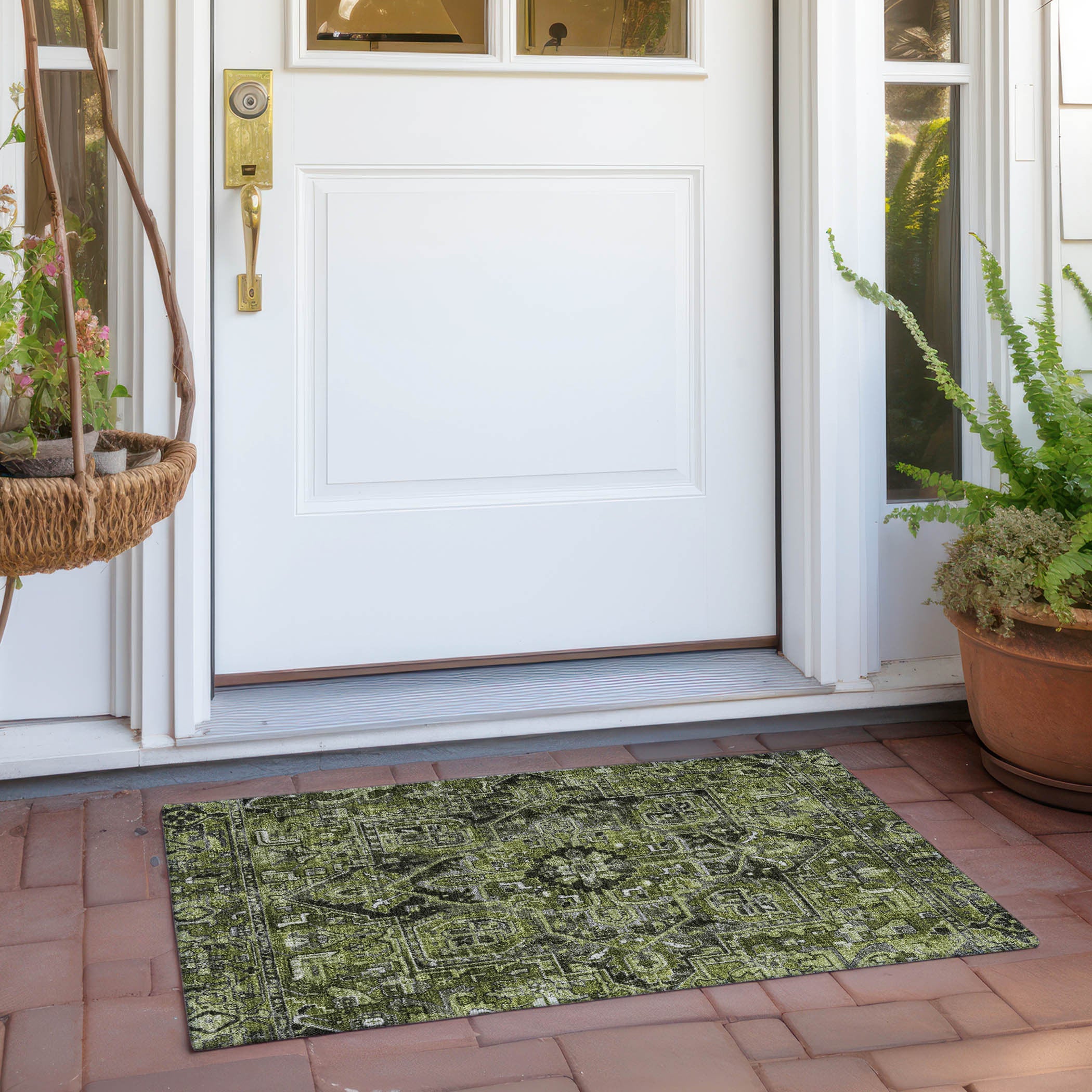 2' X 3' Olive Green and Dark Green Oriental Washable Non Skid Indoor Outdoor Area Rug - GreatEagleInc