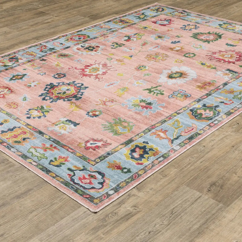 2' X 3' Pink And Blue Oriental Washable Area Rug Homeroots Home Decor