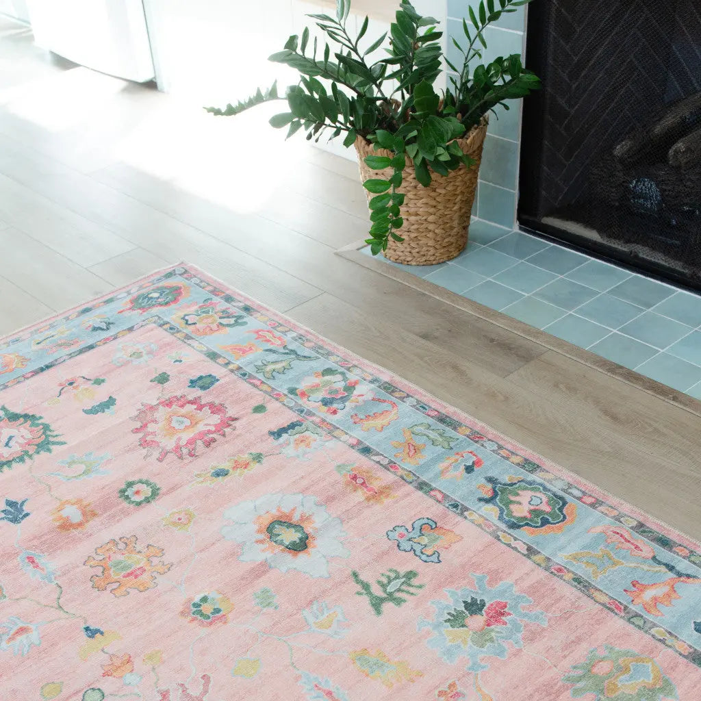 2' X 3' Pink And Blue Oriental Washable Area Rug Homeroots Home Decor