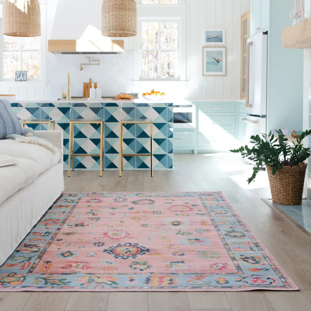 2' X 3' Pink And Blue Oriental Washable Area Rug Homeroots Home Decor