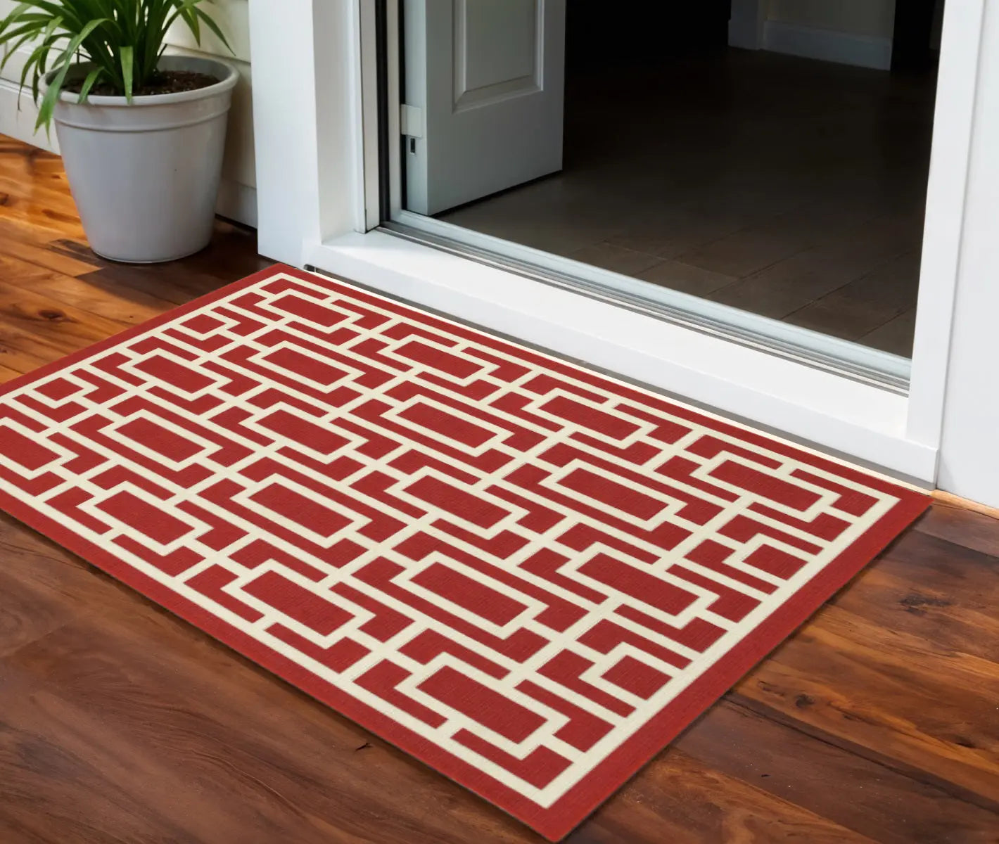 2' X 3' Red and Ivory Geometric Stain Resistant Indoor Outdoor Area Rug Homeroots Outdoor