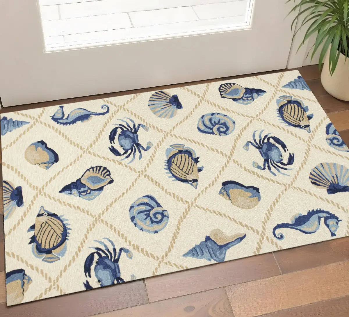 2' X 3' Sand Beige And Blue Fish Hand Tufted Area Rug Homeroots Home Decor
