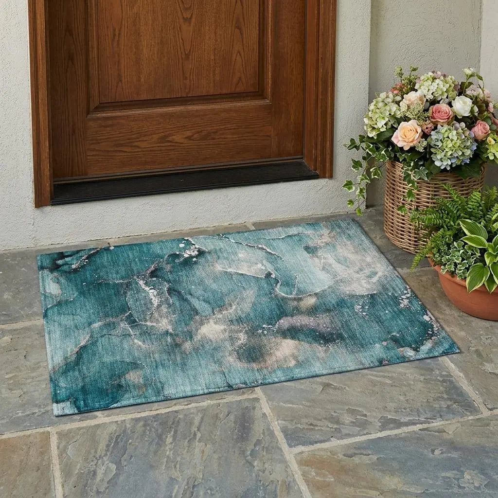 2' X 3' Teal Abstract Washable Non Skid Indoor Outdoor Area Rug Homeroots Outdoor
