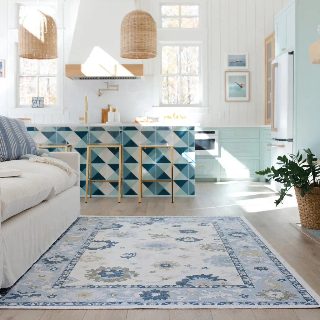 2' X 3' White And Blue Oriental Washable Area Rug Homeroots Home Decor
