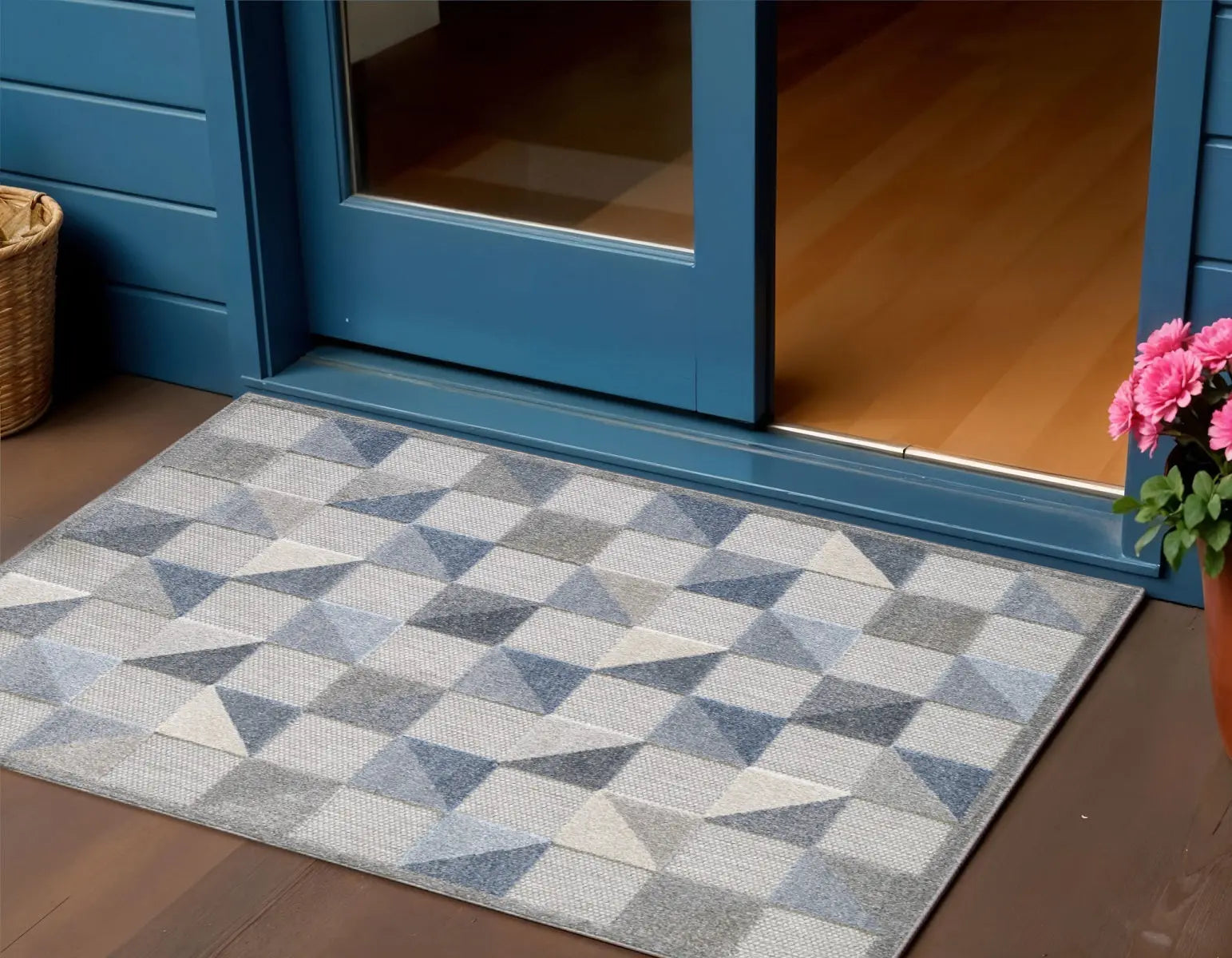 2' X 4' Blue And Gray Geometric Stain Resistant Indoor Outdoor Area Rug Homeroots Outdoor