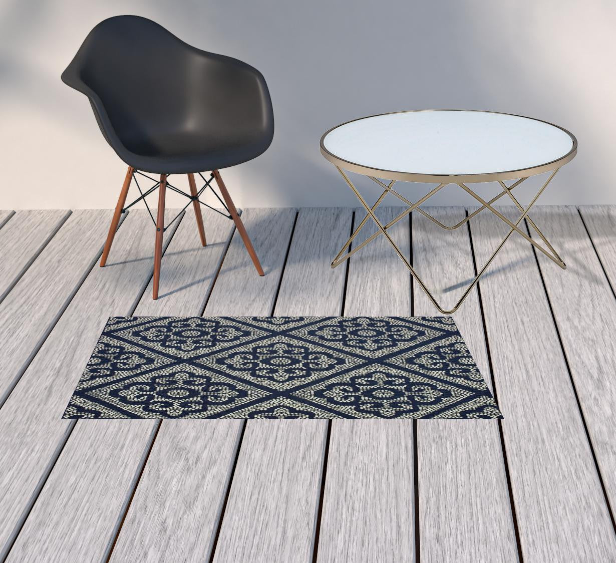 2' X 4' Blue and Ivory Geometric Stain Resistant Indoor Outdoor Area Rug Homeroots Outdoor