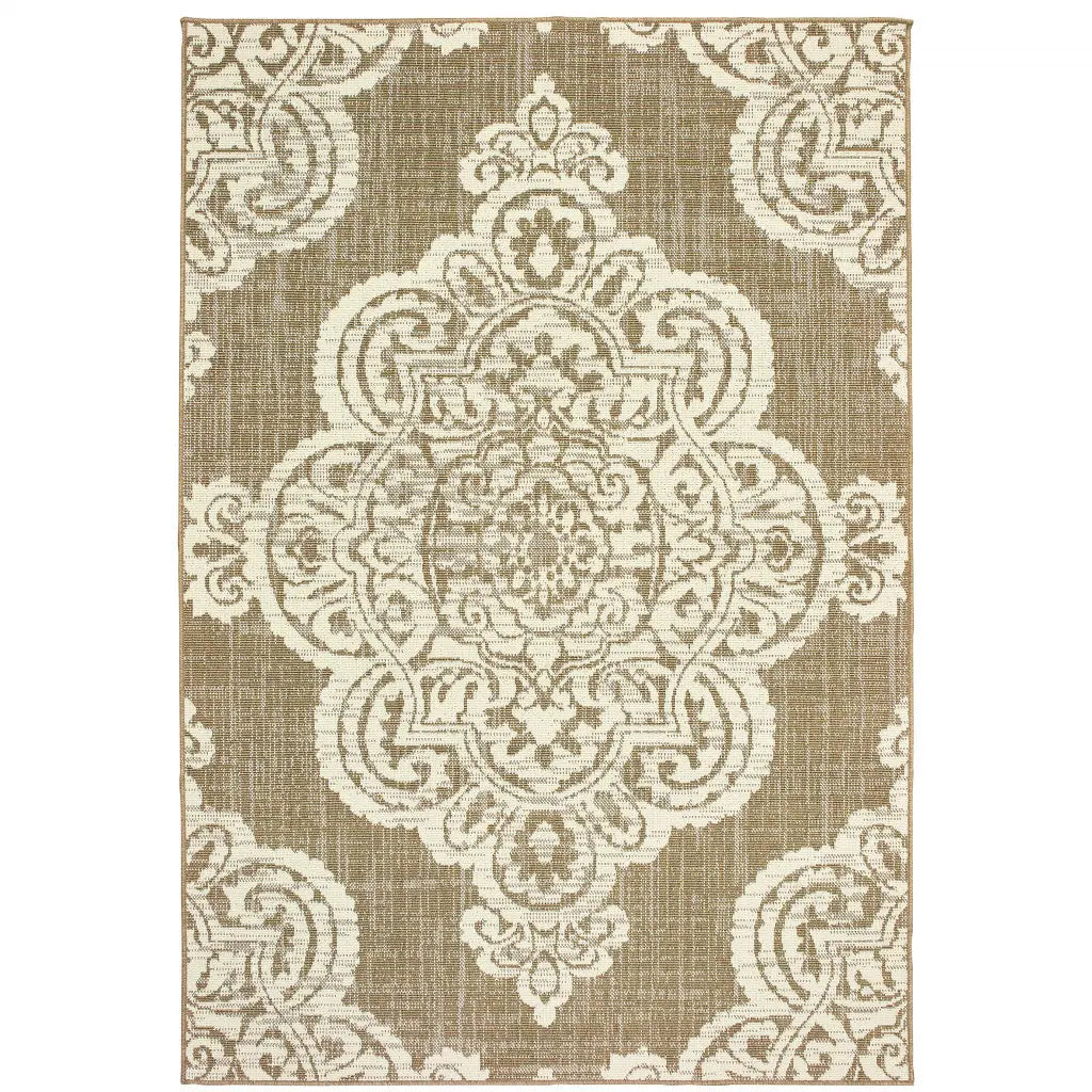 2' X 4' Tan Oriental Stain Resistant Indoor Outdoor Area Rug Homeroots Outdoor